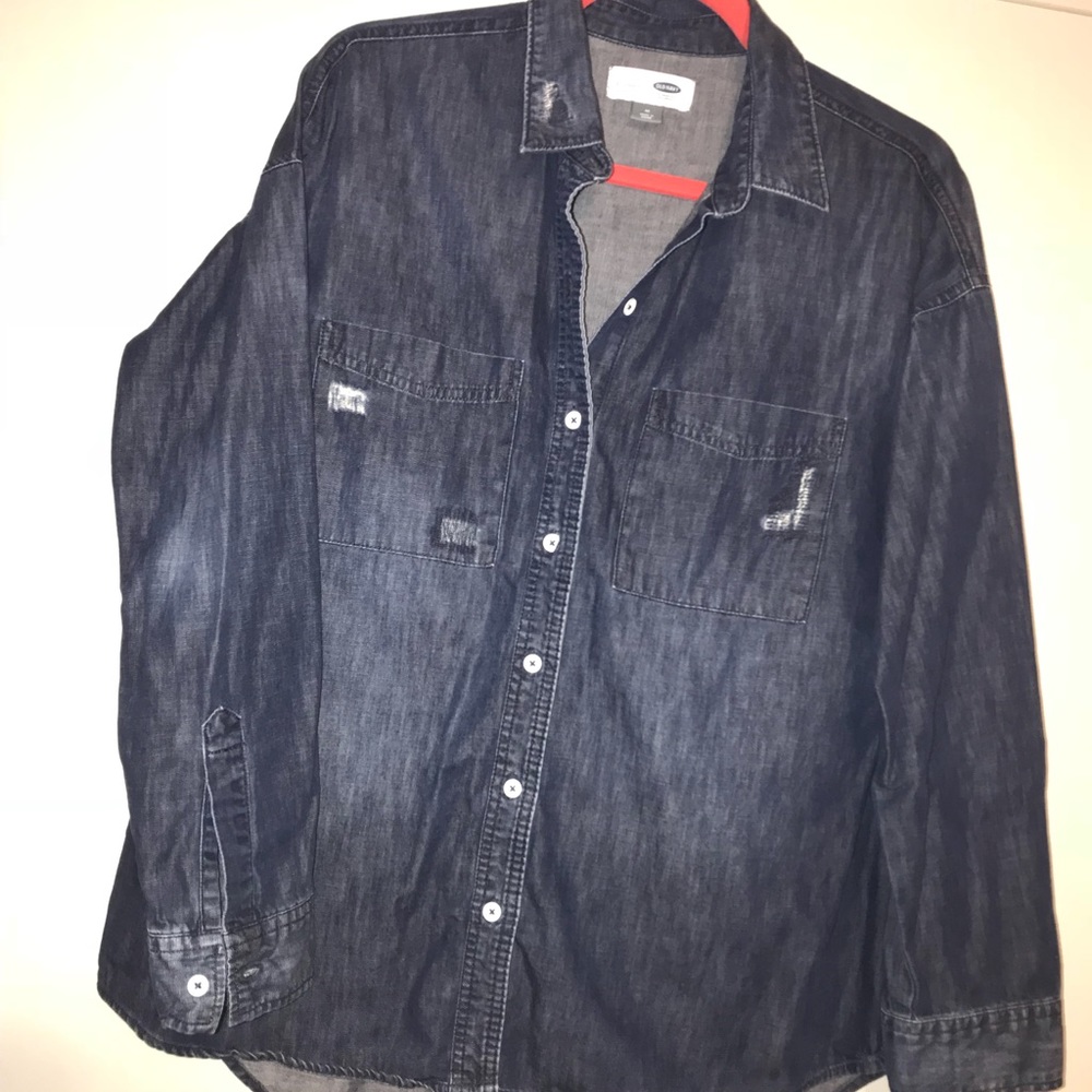 Distressed chambray button up
